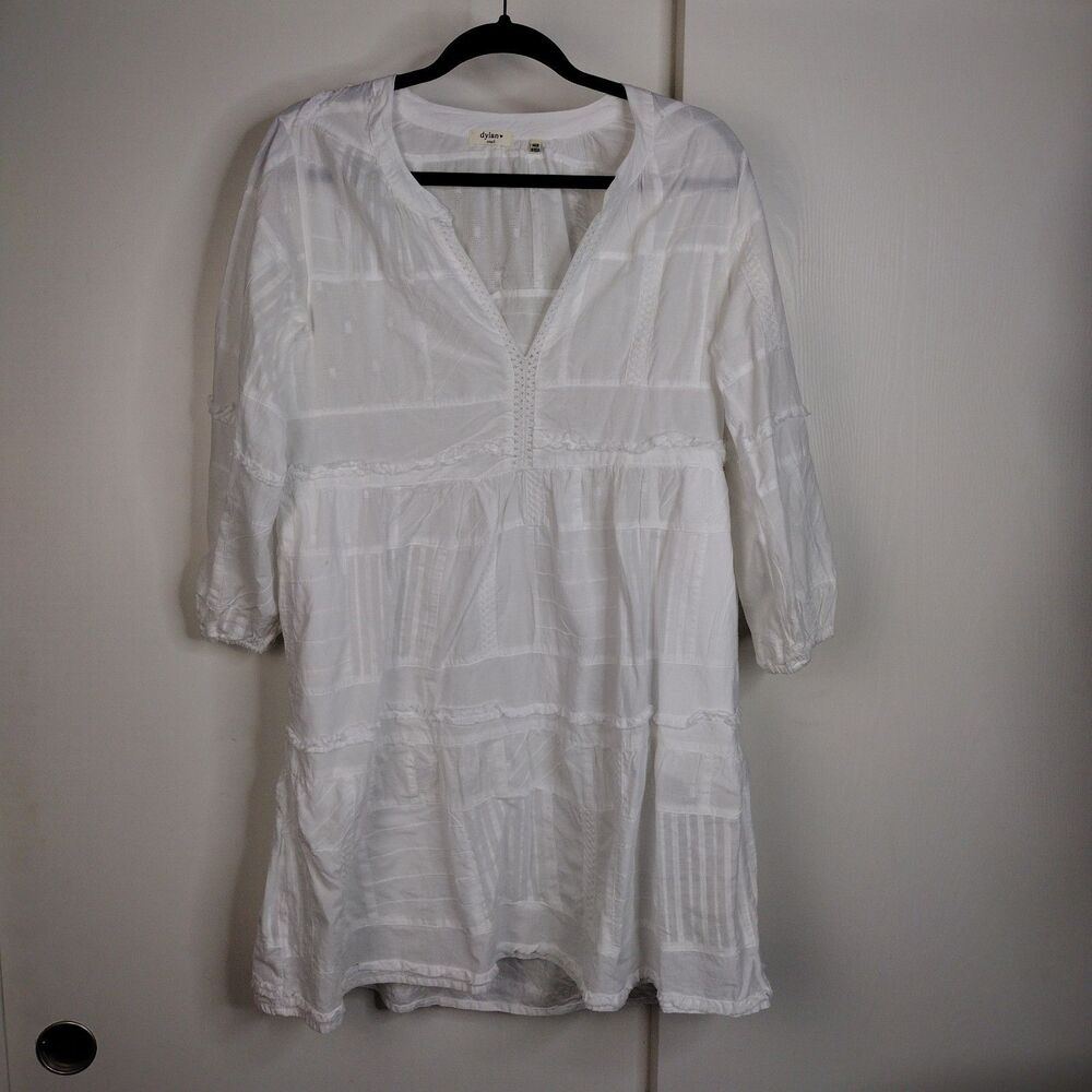 Dylan Short Tiered Patchwork Lace 3/4 Sleeve White 100% Cotton Dress Womens Sz S